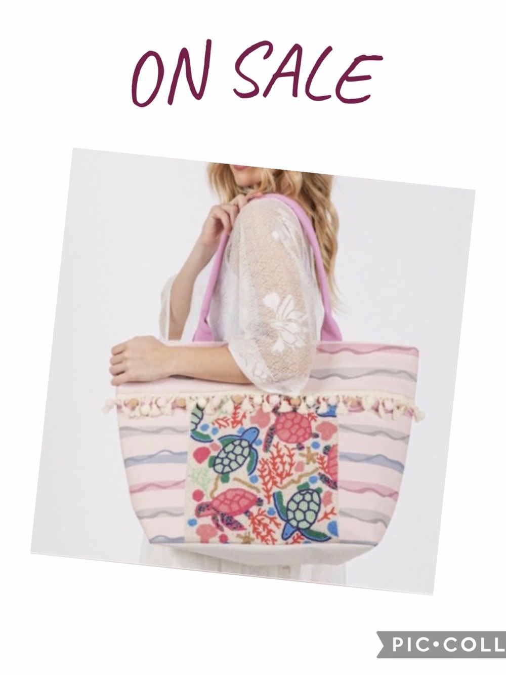 Striped Tote Beach Bag with Colorful Turtle Embroidery